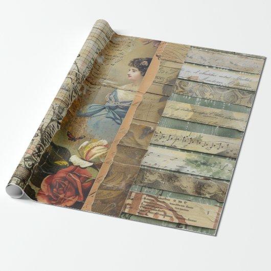 Rustieke  krant Patchwork Collage (9) Cadeaupapier (Uitgerold)
