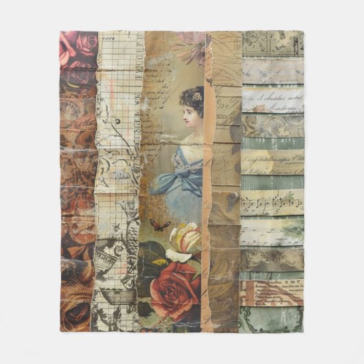 Rustieke  krant Patchwork Collage (9) Fleece Deken (Voorkant)