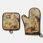 Rustieke  krant Patchwork Collage (9) Ovenwant & Pannenlap Set (Voorkant)