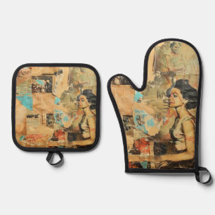 Rustieke krant Patchwork Collage (9) Ovenwant & Pannenlap Set