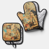 Rustieke krant Patchwork Collage (9) Ovenwant & Pannenlap Set (Voorkant / Achterkant)