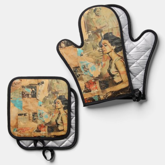 Rustieke  krant Patchwork Collage (9) Ovenwant & Pannenlap Set (Voorkant / Achterkant)