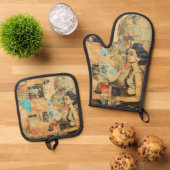 Rustieke krant Patchwork Collage (9) Ovenwant & Pannenlap Set (Top down)