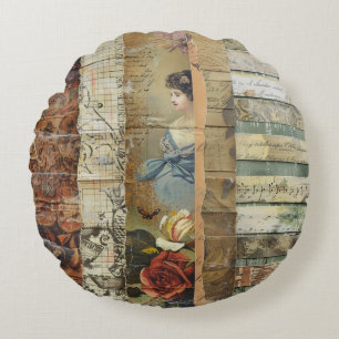 Rustieke krant Patchwork Collage (9) Rond Kussen