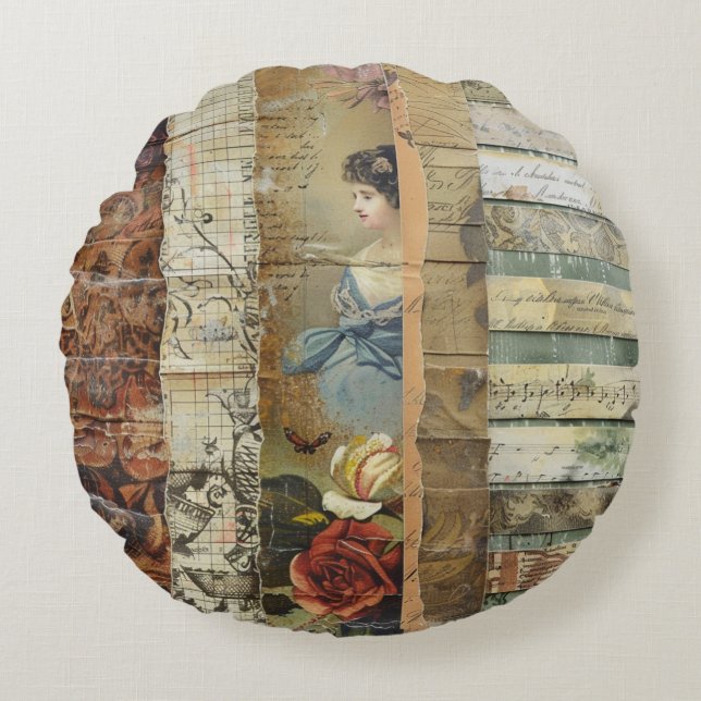 Rustieke  krant Patchwork Collage (9) Rond Kussen (Voorkant)