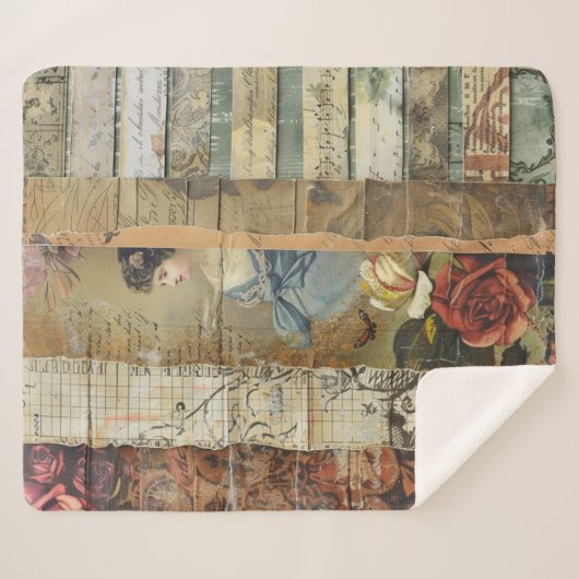 Rustieke  krant Patchwork Collage (9) Sherpa Deken (Voorkant (horizontaal))