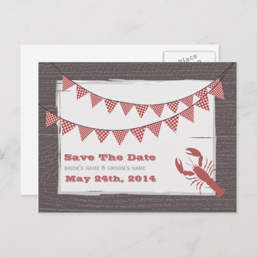 Rustieke kreeft en Bunting Bruiloft Save The Date Aankondigingskaart (Voorkant / Achterkant)