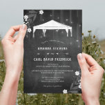 Rustieke Krijtbord Bloemen Outdoor Tent Wedding Kaart<br><div class="desc">Unieke rustieke tent bruiloft uitnodiging beschikt over een grafische silhouet bruiloft tent plus opknoping snaren van licht   elegante bloemen   boho pijlen,    typografie ontwerp tegen een krijtbord achtergrond.</div>