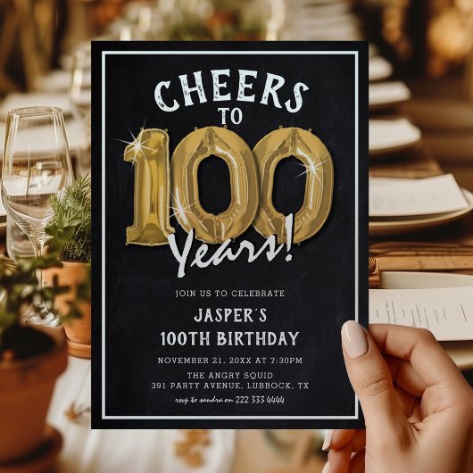 Rustieke Krijtbord Gouden Ballonnen 100e Verjaarda Kaart