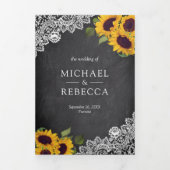 Rustieke krijtbord kant zonnebloem bruiloft foto drieluik uitnodiging (Cover)