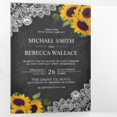 Rustieke krijtbord kant zonnebloem bruiloft foto drieluik uitnodiging (Binnenzijde eerst)