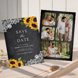 Rustieke krijtbord kantwerk zonnebloem trouwfoto save the date