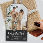 Rustieke Krijtbord Sneeuwvlok Foto Kerstmis Cadeaulabel