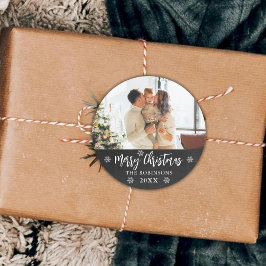 Rustieke Krijtbord Sneeuwvlokken Foto Vrolijk Kers Ronde Sticker