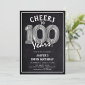 Rustieke Krijtbord Zilveren Ballonnen 100e Verjaar Kaart (Staand voorkant)