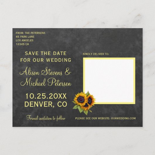 Rustieke krijtbord zonnebloemen opslaan datum brui aankondigingskaart (Achterkant)