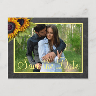 Rustieke krijtbord zonnebloemen save date bruiloft aankondigingskaart