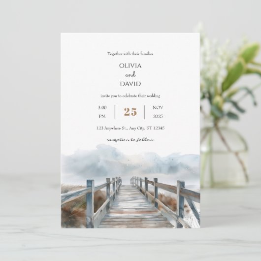 Rustieke Kust Houten Boardwalk Art Beach Bruiloft Kaart (Staand voorkant)