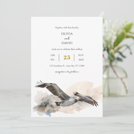 Rustieke kust Pelican Waterverf Beach Wedding Kaart (Staand voorkant)