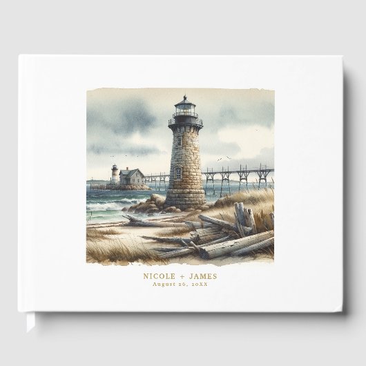 Rustieke Kust Vuurtoren Zeezijde Strand Bruiloft Gastenboek (Voorkant)