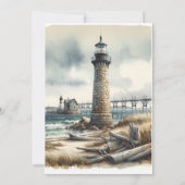 Rustieke Kust Vuurtoren Zeezijde Strand Bruiloft Kaart (Achterkant)