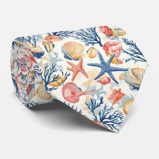 Rustieke Kust - Zeeschelpen, Zeesterren, Rif (10) Stropdas (Opgerold)