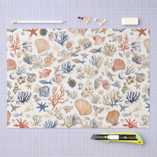 Rustieke Kust - Zeeschelpen, Zeesterren, Rif (12) Tissuepapier (Craft)