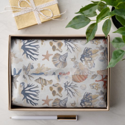 Rustieke Kust - Zeeschelpen, Zeesterren, Rif (12) Tissuepapier (Geschenk)