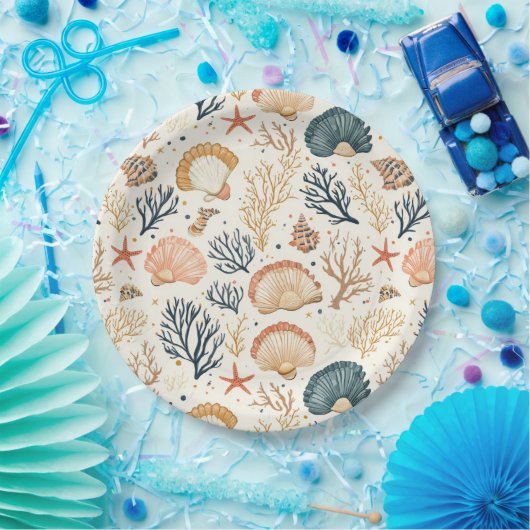 Rustieke Kust - Zeeschelpen, Zeesterren, Rif (24) Papieren Bordje (Feest)