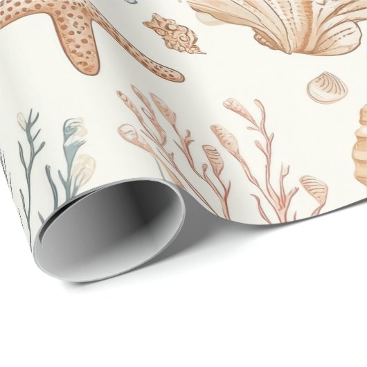 Rustieke Kust - Zeeschelpen, Zeesterren, Rif (32) Cadeaupapier (Rol Hoek)