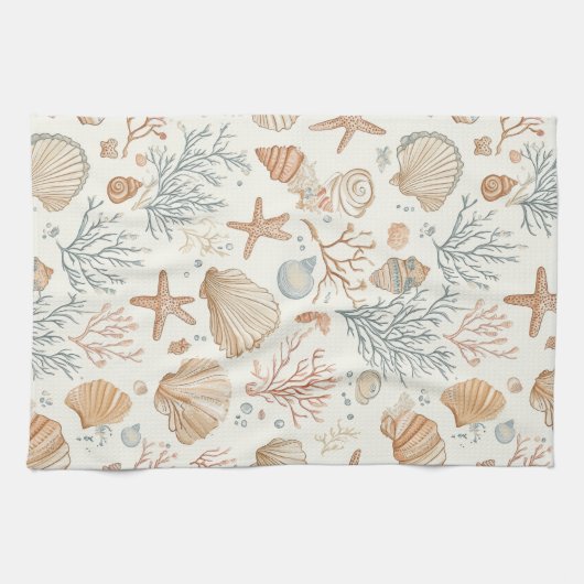 Rustieke Kust - Zeeschelpen, Zeesterren, Rif (32) Theedoek (Horizontaal)