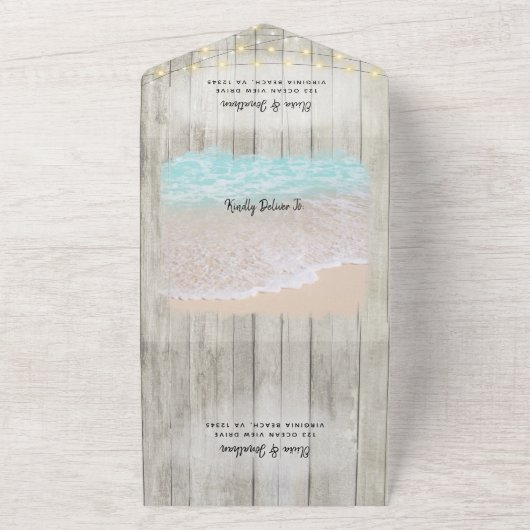 Rustieke Kustbestemming Strand Bruiloft All In One Uitnodiging (Buitenkant)