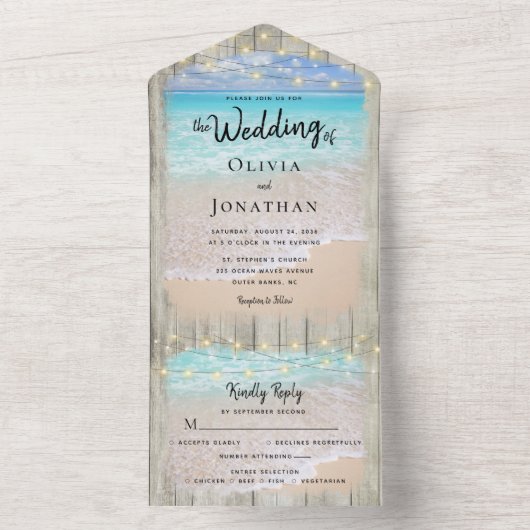 Rustieke Kustbestemming Strand Bruiloft All In One Uitnodiging (Binnen)