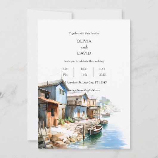 Rustieke Kustdorp Vist Shacks Bruiloft Kaart (Voorkant)