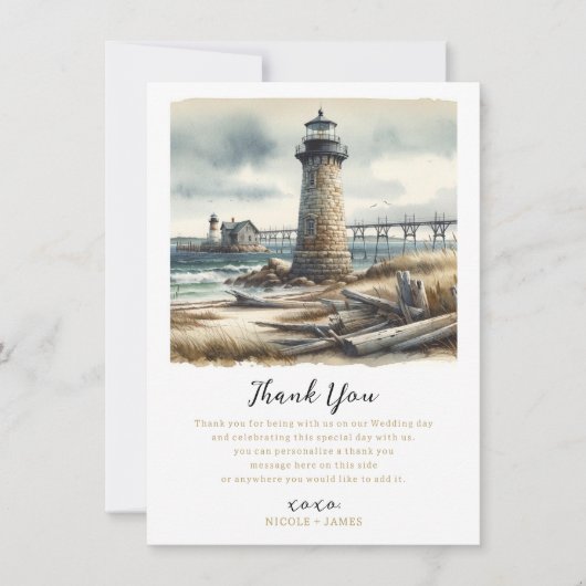 Rustieke kustvuurtoren aan zee strand dank u kaart (Voorkant)