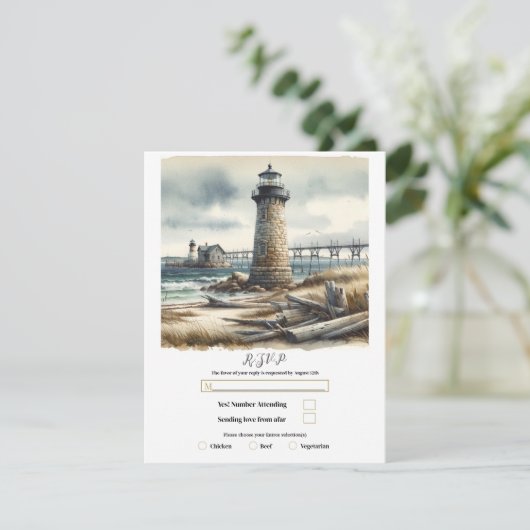 Rustieke kustvuurtoren aan zee strand RSVP Kaart (Staand voorkant)