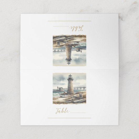 Rustieke kustvuurtoren aan zee strandtafel plaatskaartje (Buitenkant ongevouwen)