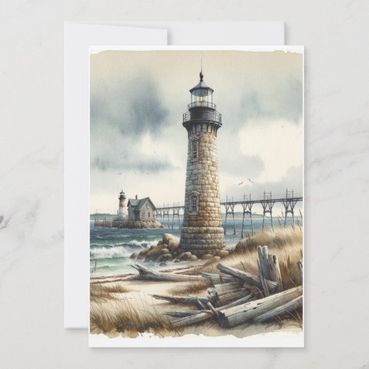 Rustieke kustvuurtoren badstrand bruiloft kaart (Achterkant)