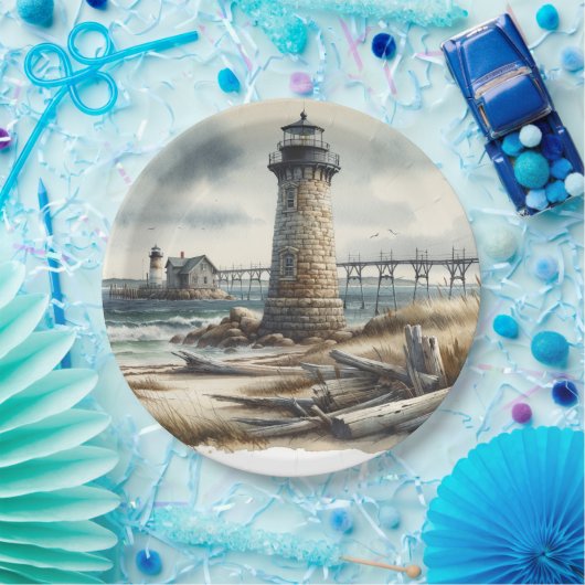 Rustieke kustvuurtoren badstrand bruiloft papieren bordje (Feest)