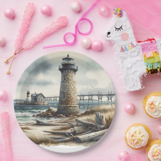 Rustieke kustvuurtoren badstrand bruiloft papieren bordje (Feest)