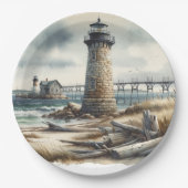 Rustieke kustvuurtoren badstrand bruiloft papieren bordje (Voorkant)