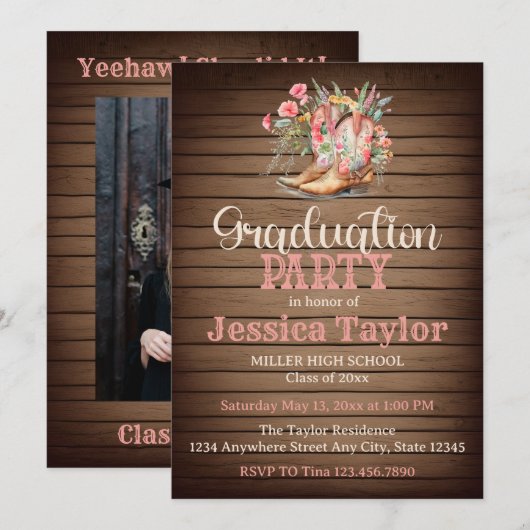 Rustieke laarzen bloem roze cowgirl afstudeerfeest kaart (Voorkant / Achterkant)