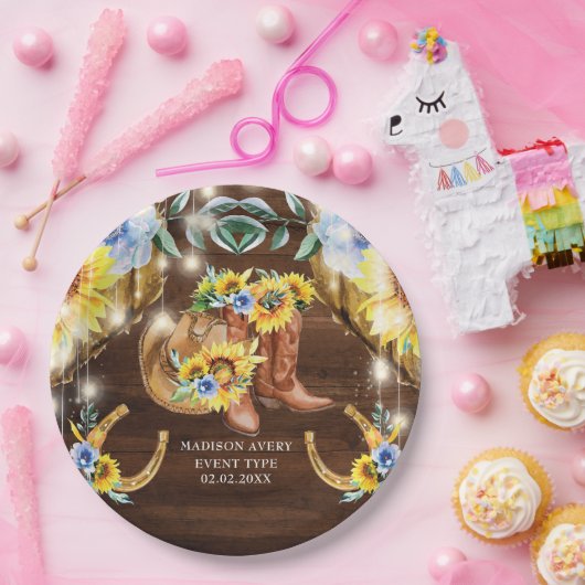 Rustieke Laarzen Bloemen String Lights Gepersonali Papieren Bordje (Feest)