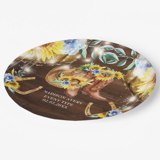 Rustieke Laarzen Bloemen String Lights Gepersonali Papieren Bordje (Gekanteld)