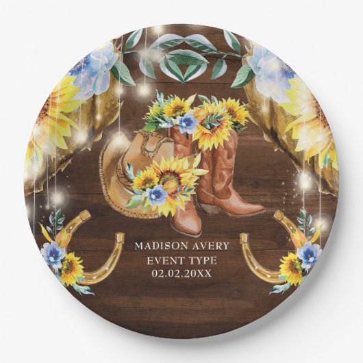 Rustieke Laarzen Bloemen String Lights Gepersonali Papieren Bordje (Voorkant)