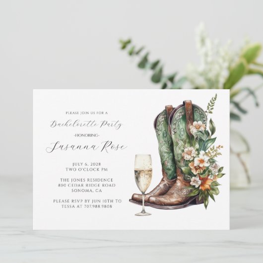 Rustieke laarzen bubbelig vrijgezellenfeest kaart (Staand voorkant)