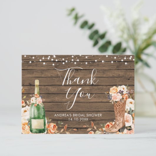 Rustieke laarzen & Bubbly Vrijgezellenfeest Dank u Bedankkaart (Staand voorkant)