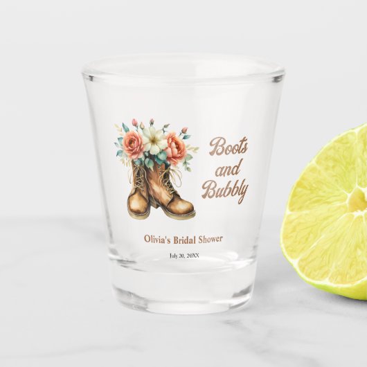 Rustieke laarzen en bruisende western bruiloftsdou shot glas (Voorkant)