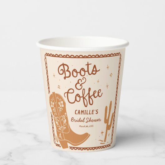 Rustieke laarzen en koffie Vrijgezellenfeest Papie Papieren Bekers (Achterkant)