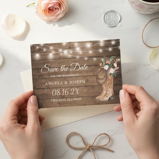 Rustieke laarzen Floral String Lights Bruiloft Save The Date